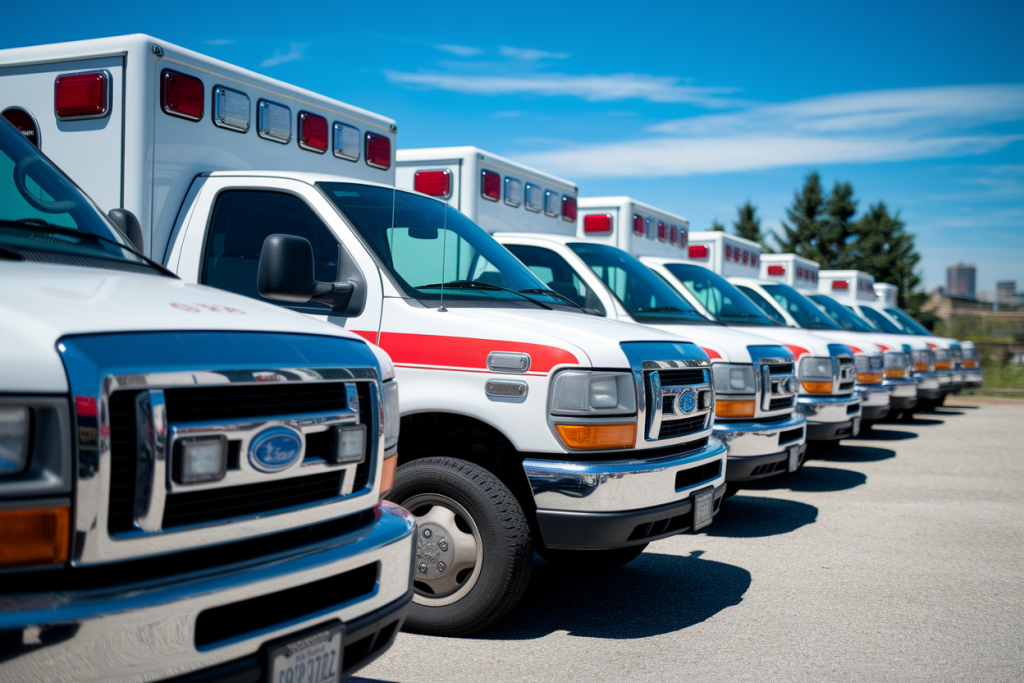 ambulances-rangee-parking-ciel-bleu