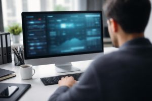 bureau-moderne-ordinateur-personne-floue