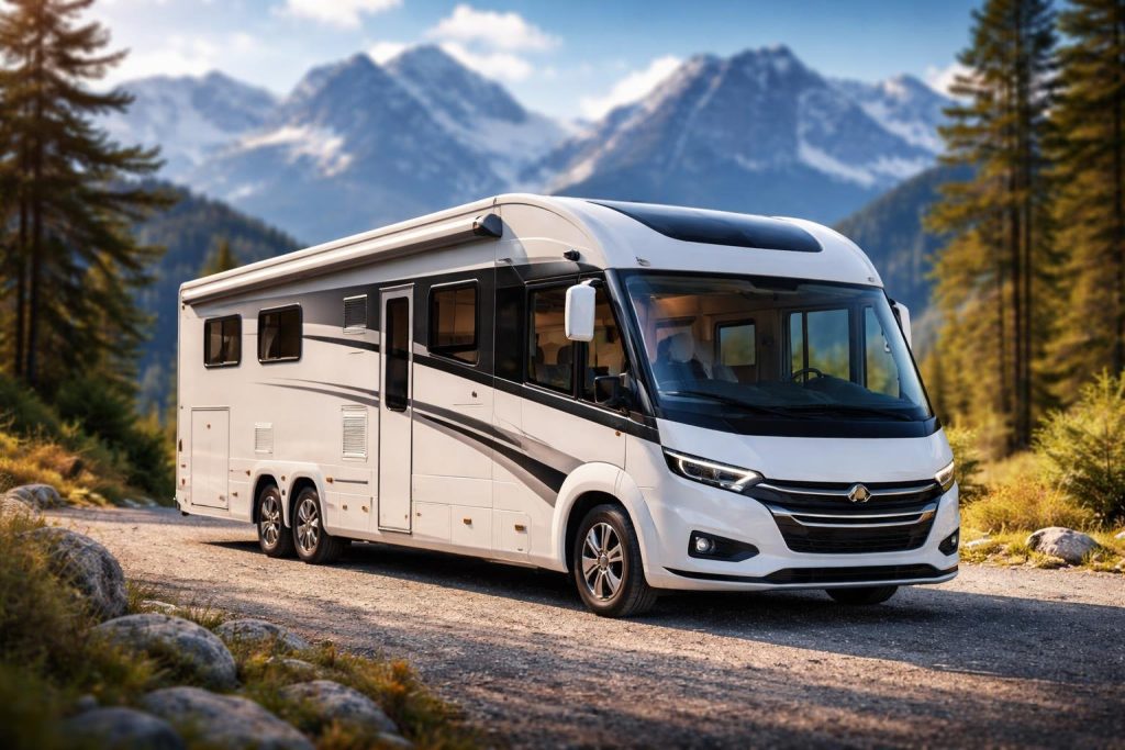 camping-car-moderne-montagnes-ciel-bleu