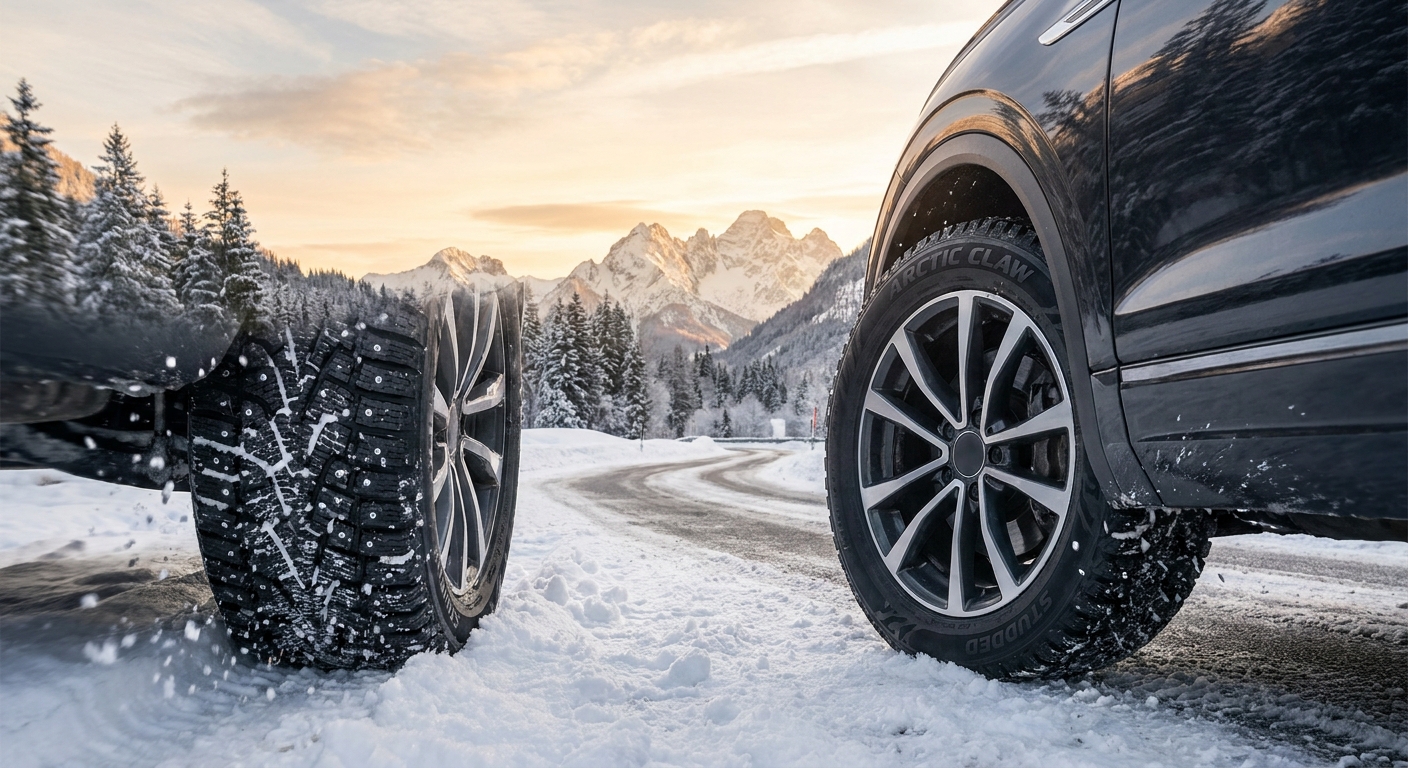 voiture équipée de pneus hiver sur une route enneigée en montagne